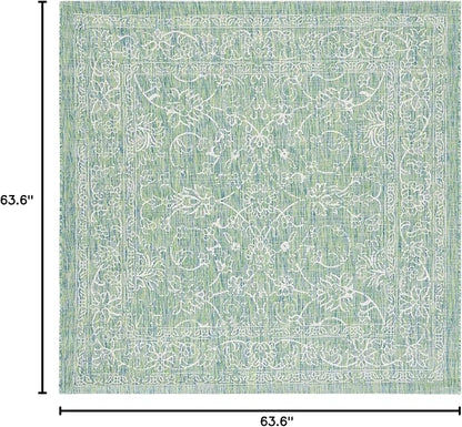 SAFAVIEH Washable Rug Outdoor Courtyard Collection - 5'3" Square, Green & Ivory, Non-Shedding & Easy Cleaning, Ideal for Patio, Backyard, Mudroom (CY8680-55721)