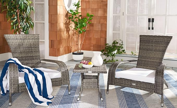 SAFAVIEH Outdoor Collection Edna Grey Brown/White Cushion 3-Piece Lounge Set with Table (PAT7719C)