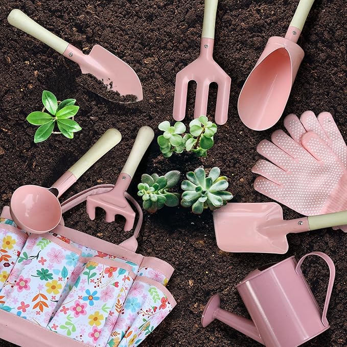 Qtioucp Kids Gardening Set 14Pcs Garden Tools with Tote Bag,Watering Can, Shovel, Apron, Garden Book and More Educational STEM Learning Outdoor for Toddlers Boys Girls (Floral)