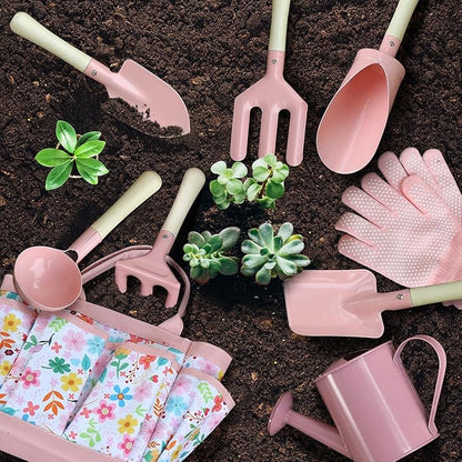 Qtioucp Kids Gardening Set 14Pcs Garden Tools with Tote Bag,Watering Can, Shovel, Apron, Garden Book and More Educational STEM Learning Outdoor for Toddlers Boys Girls (Floral)