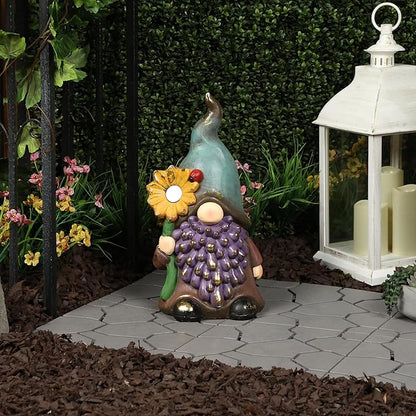 Alpine Corporation MCC852SLR Solar Gnome Holding Flower with Turquoise Hat Statue, Stylish Décor for Garden, Patio, & Lawn, 18" H, Multicolor