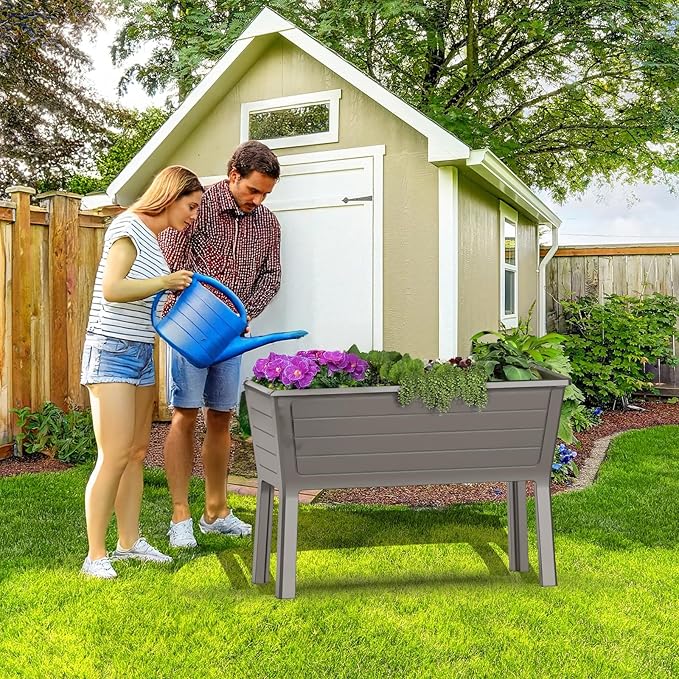 Vixzen Double Raised Garden Bed with Drain Hole and Water Level Detector,Durable Resin Planter Box,Separate Water and Soil Storage Areas,for Garden, Patio, Balcony (Grey, 44.33 * 29.92 * 19.69)