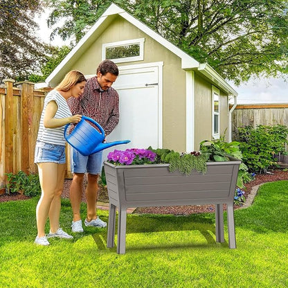 Vixzen Double Raised Garden Bed with Drain Hole and Water Level Detector,Durable Resin Planter Box,Separate Water and Soil Storage Areas,for Garden, Patio, Balcony (Grey, 44.33 * 29.92 * 19.69)