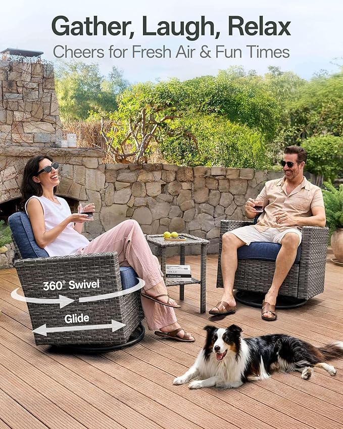 Luxury 5-Piece Patio Furniture Set with 6-Inch Thick Cushions, Outdoor Swivel Rocker Chairs and Table, Wicker Conversation Set for Porch, Deck, Balcony, Yard in Blue