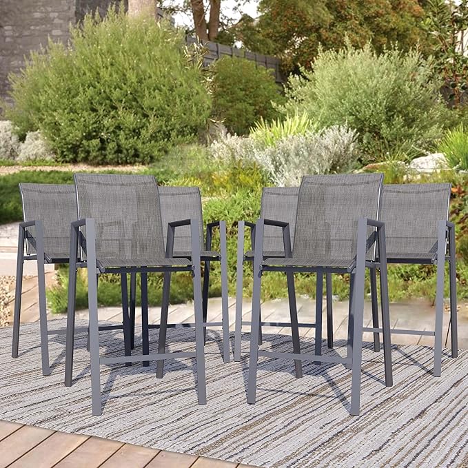 Outdoor Bar Stools Set of 6, 44'' Patio Bar Chairs with Textile High Back, Bar Height Chairs with Straight Armrest and Footrest, Grey