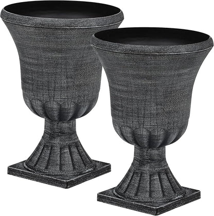 22" Timeless Urn Planters for Outdoor Plants, Set of 2 Plastic Large Flower Pot with Handmade Washed Black Finish, Weather-Resistant for Porch, Garden, Patio or Indoor Use