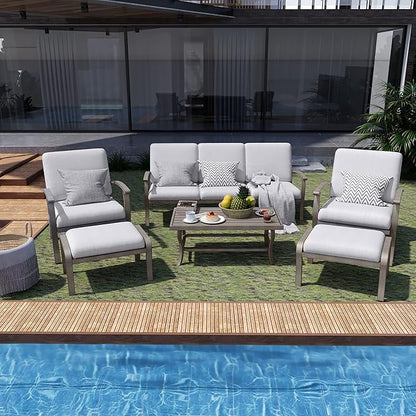 HAPPATIO 6 Piece Aluminum Patio Furniture Set, 3-Seat Outdoor Couch with Ottomans and Armchairs, All-Weather Outdoor Sectional Sofa with Comfortable Cushions and Coffee Table(Gray)