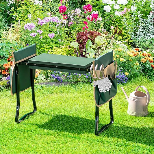 Giantex Garden Kneeler & Seat, Folding Gardening Stool, Portable Garden Bench with EVA Foam Pad, Heavy-Duty Metal Frame, Gardening Gift for Women Men Seniors (Holds 330 LBS) (with 2 Bags)