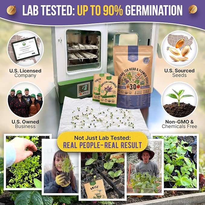 Organo Republic 30 Medicinal Tea Herb & Flower Seeds Variety Pack - 13600+ Non-GMO Heirloom Flower Seeds for Outdoor & Indoor Garden, Including Bergamot, Catnip, Calendula, Dandelion, Lovage, Zinnia