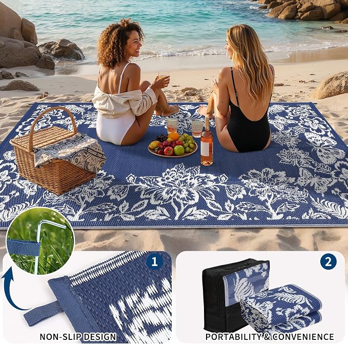 Garvee 5’x8’ Waterproof Patio Outdoor Rug, Outdoor Plastic Straw Rug for Camping, RV Mat Outside, Indoor Outdoor Carpet for Porch, Deck, Backyard, Balcony, Picnic, Navy & White