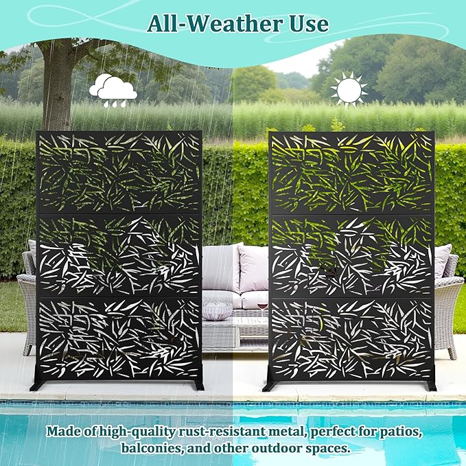 Metal Privacy Screen Outdoor Privacy Screen, Freestanding Fence Panel for Outside, 72''H×47''W, Decorative Screen Panel for Backyard/Patio/Deck