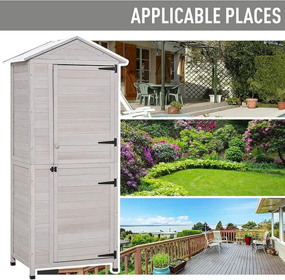 Outsunny 36" x 25" x 79" Wooden Storage Shed Cabinet, Outdoor Tool Shed Organizer with 4-Tier, 3 Shelves with Handle Tin Roof Magnetic Latch Foot Pad, Light Grey