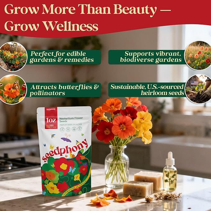 Seedphony Nasturtium Seeds Pack 1 oz - 180 Non-GMO Heirloom Nasturtium Seeds for Planting, Perennial Flowers in Waterproof Seed Packet, Wildflower Seeds for Planting Garden Indoor & Outdoor Gardening
