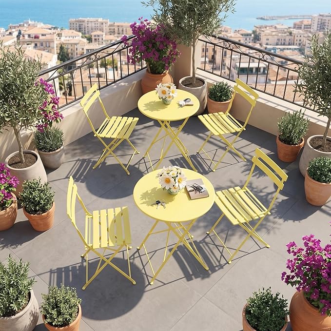 GarveeLife 3 Piece Outdoor Bistro Set, Metal Patio Furniture Set with 2 Chairs and 1 Table, Durable Steel Frame for Garden, Balcony, Porch, Backyard, Yellow