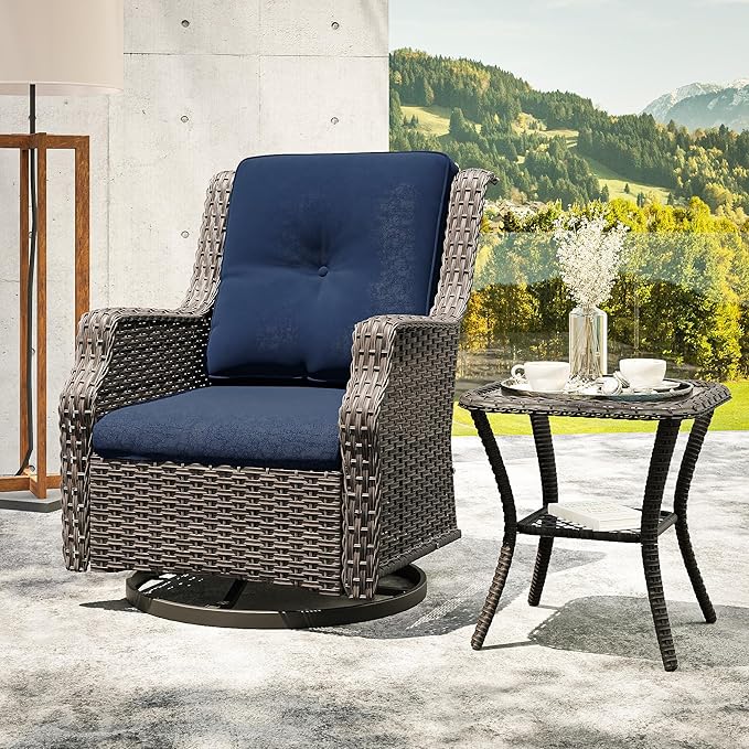 Swivel Patio Chair Outdoors - 360 Degree, Set of 2, Glider Chair with 3.5" Olefin Fabric Cushions (Mixed Grey Rattan/Navy)