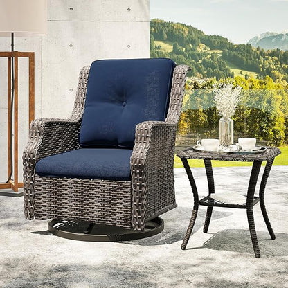Swivel Patio Chair Outdoors - 360 Degree, Set of 2, Glider Chair with 3.5" Olefin Fabric Cushions (Mixed Grey Rattan/Navy)