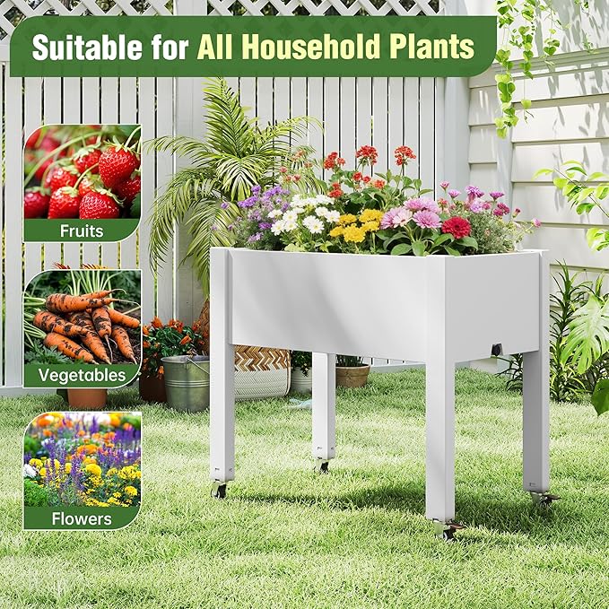 Elevated Raised Garden Bed with Wheels - Outdoor Mobile Resin Planter Box with Drainage Holes for Vegetables Flower Herbs, Weather Resistant (White)