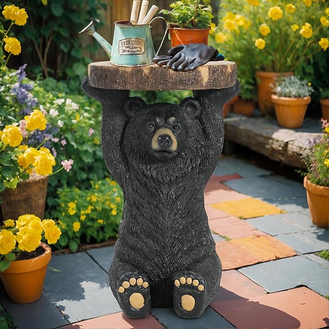 Christopher Knight Home Blitz Bear Outdoor Side Table, MGO Bear Statue with Display Tabletop, Hand Painted Sculpture, Cute Small End Table for Indoor/Outdoor, No Assembly Required, Black + Brown