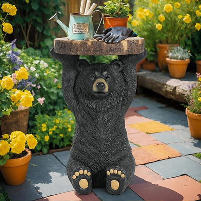 Christopher Knight Home Blitz Bear Outdoor Side Table, MGO Bear Statue with Display Tabletop, Hand Painted Sculpture, Cute Small End Table for Indoor/Outdoor, No Assembly Required, Black + Brown