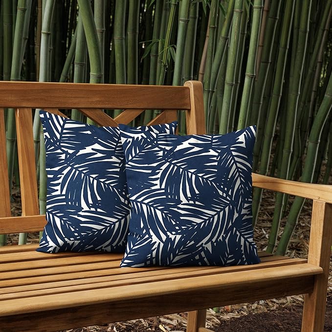 Arden Outdoor Throw Pillows 2 Pack, 16x16 Patio Accent Cushions, Water & UV Resistant, Fade Resistant Outdoor Decorative Pillows with Recycled Polyfiber Fill, earthFIBER Cover, Navy Blue King Palm