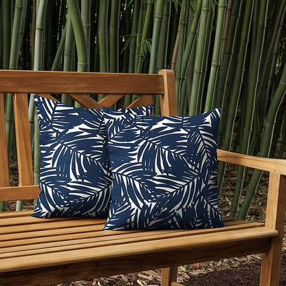 Arden Outdoor Throw Pillows 2 Pack, 16x16 Patio Accent Cushions, Water & UV Resistant, Fade Resistant Outdoor Decorative Pillows with Recycled Polyfiber Fill, earthFIBER Cover, Navy Blue King Palm