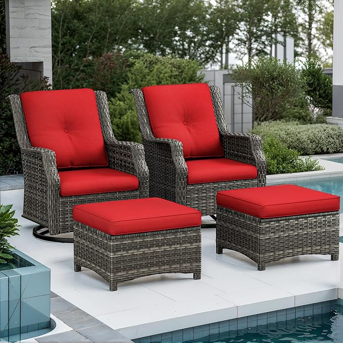 4 Piece Patio Furniture Set, 2 Swivel Glider Chairs and 2 Ottomans PE Wicker Footstool, Outdoors Rattan Conversation Set with Deep Seating and Olefin Cushions, for Backyard, Garden, Red