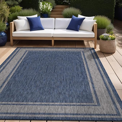 Beverly Rug Outdoor Rug 8x10 Modern Bordered Area Rugs for Indoor and Outdoor Patio Deck Porch Garden Waterproof Weather Sun Resistant Washable Outside Carpet (8 x 10 Navy)