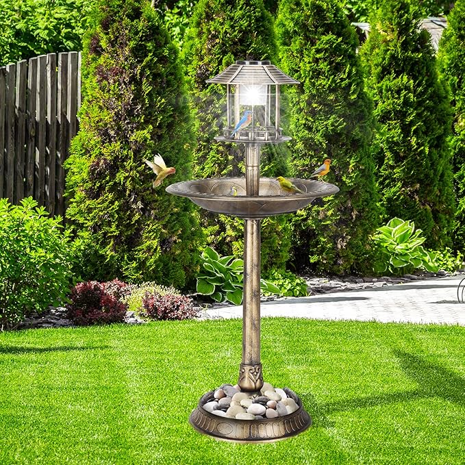 Outvita Outdoor Bird Bath, Garden Bird Baths Decorations with Solar-Powered Lamp and Resin Pedestal Flower Planter Base Bird Feeder for Yard Patio