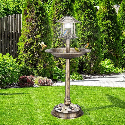 Outvita Outdoor Bird Bath, Garden Bird Baths Decorations with Solar-Powered Lamp and Resin Pedestal Flower Planter Base Bird Feeder for Yard Patio
