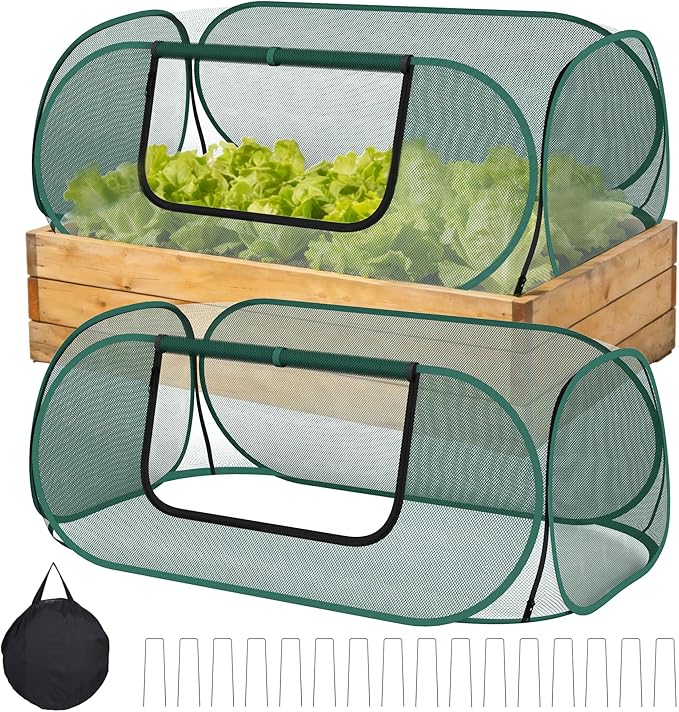2-Pack Raised Garden Bed Covers, 45" x 22" x 17" Mesh Crop Cage, Pop-Up Plants Cover with 30% Shade Cloth for Seedlings Vegetables Fruits Flowers, Protects Against Birds Animals Pests with 16 Stakes