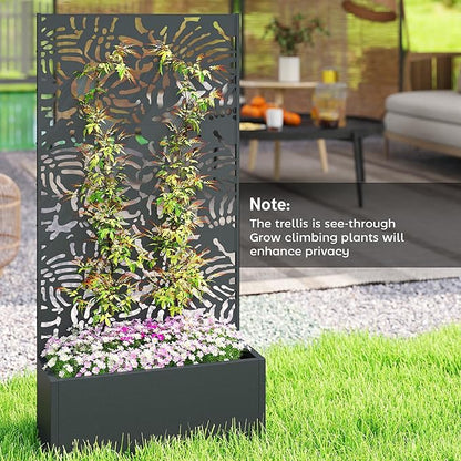 Outsunny Metal Planter Box with Trellis, 71" Tall Raised Garden Bed with Trellis Privacy Screen and Drainage Holes, Banana-Leaf Cut-Out Outdoor Privacy Planter for Climbing Plants, Vegetables, Vines