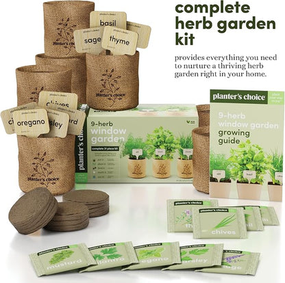 Planters' Choice 9 Herb Indoor Window Garden Kit - Birthday Gifts - House Plants Seeds - Best Unique Gift Ideas for Women, Mom, Friend, Her, Housewarming, Mother - Live Plant Starter, Gardening Lovers