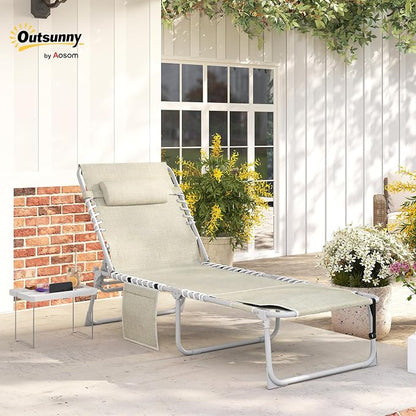 Outsunny Tanning Chair with Face Hole, Side Table, 5-Position Reclining Folding Chaise Lounge Chair Outdoor Lounger Recliner, Carry Straps for Beach Pool Camp, Breathable Mesh, Beige
