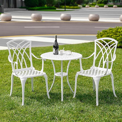 Cast Aluminum Bistro Table and Chairs Set of 2 with 1.97" Umbrella Hole,Weather Resistant 3 Piece Bistro Patio Set Outdoor Patio Furniture Set for Front Porch,Garden,Woven White
