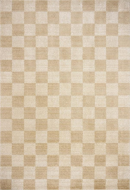 Loloi Chris Loves Julia Calvin Collection CLV-01 Wheat/Ivory 2'-7" x 7'-6" Runner Rug Checkered Neutral Soft Living Room Bedroom Carpet