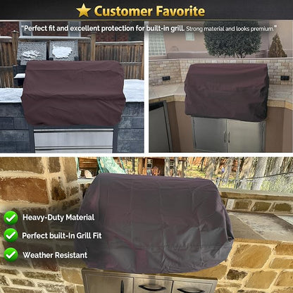 Covers & All Built-in Grill Cover for Outdoor Grill – Heavy Duty 12 oz Waterproof Built-in BBQ Grill Cover, PVC-Coated Polyester with Elastic Hem for Snug Fit (44 x 27 x 26 inches, Coffee)