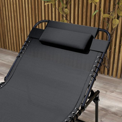 Outsunny 2 Piece Folding Chaise Lounge with 5-Level Reclining Back, Tanning Chair with Face Hole, Outdoor Lounge Chair with Side Pocket & Headrest for Beach, Yard, Patio, Black