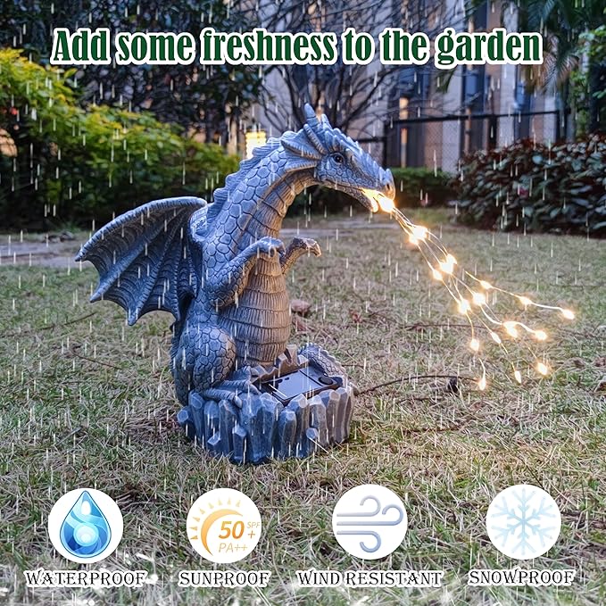 Solar Dragon Garden Statues Outdoor Lights Watering Decor, Resin Dragon Figurine with 30 LED String Lights Lawn Patio Balcony Art Decoration,Housewarming, Birthday,Mothers Day Mom Gifts
