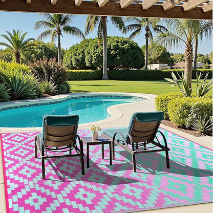 Anidaroel Ombre Outdoor Rugs for Patios Clearance Waterproof, 6x9 Reversible Geometric Plastic Straw Outside Area Rugs, RV Camping Mat for Balcony, Pool Deck, Picnic, Backgard(Green&Pink,6‘x9')