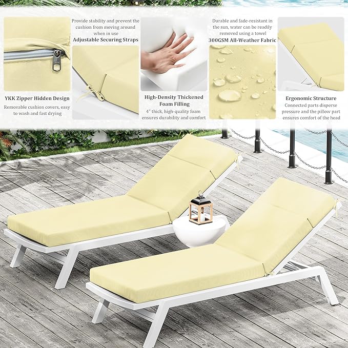 Chaise Lounge Cushion for Outdoor Furniture, Waterproof Fade and Tear Resistant Lounge Deck Chair Cushions for Patio Lawn Pool Resort Hotel
