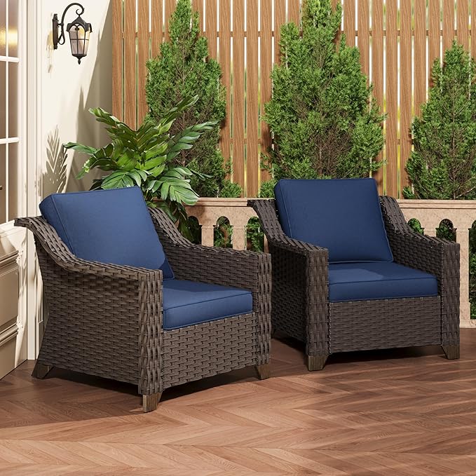 Patio 2 Pieces Wicker Chairs Set of 2，Outdoor PE Rattan Armchairs, Water-Resistant Cushions with Removable and Washable Covers, Porch, Balcony, Sunroom (Navy Blue)