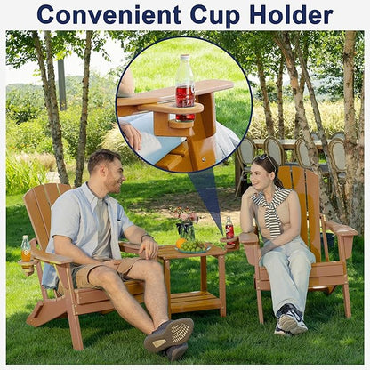Plawdlik Folding Adirondack Chair, SGS Tested, Wooden Textured with Cup Holder, Heavy All-Weather HDPE Comfortable Set Poolside Backyard Lawn Teak Set 4