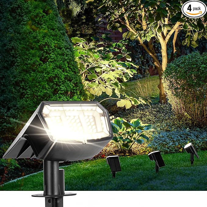 AUDERWIN Solar Spot Lights Outdoor 63 LED 3 Lighting,Waterproof IP65 Modes Spotlights for Outside House Yard Garden Landscape Lights 4 Pack (Natural Light)
