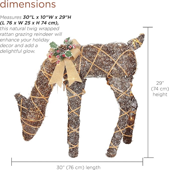 Alpine Corporation 29" Tall Natural Twig Wrapped Rattan Grazing Deer with Warm White LED Lights, Indoor/Outdoor Rustic Holiday Decoration, Brown