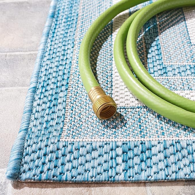 SAFAVIEH Washable Rug Outdoor Courtyard Collection - 2'3" x 12' Runner, Ivory & Aqua Blue, Non-Shedding & Easy Cleaning, Ideal for Patio, Entryway, Mudroom, Hallway, Kitchen (CY8475-53612)