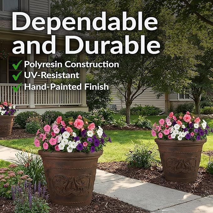 Sunnydaze 19.5-Inch Arabella Large Plastic Pot for Plants - Outdoor Double-Walled Polyresin Large Plastic Planter with Drillable Drainage Holes - Rust - 4-Pack