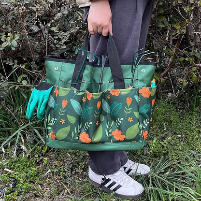 Waterproof Garden Tool Bag, 600D Oxford Portable Gardening Tote with Handle & Multi Pockets, Ideal Gifts for Parents Women (Green Flower, Tools Not Included)