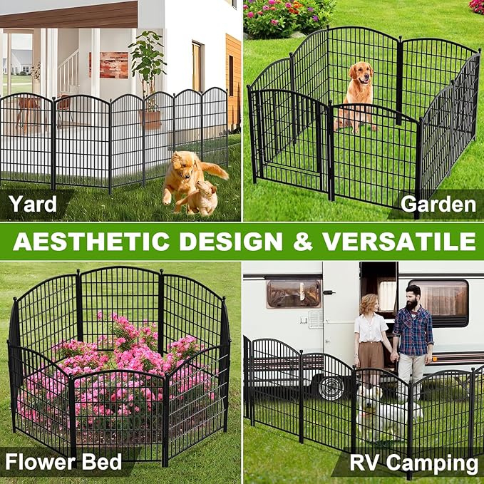 31in(H) x 26ft(L) No Dig Decorative Garden Fence with Gate, 12 Panels Rustproof Animal Barrier Metal Dog Fence Outdoor for Yard, Patio, Temporary Garden Fencing with Ground Stakes