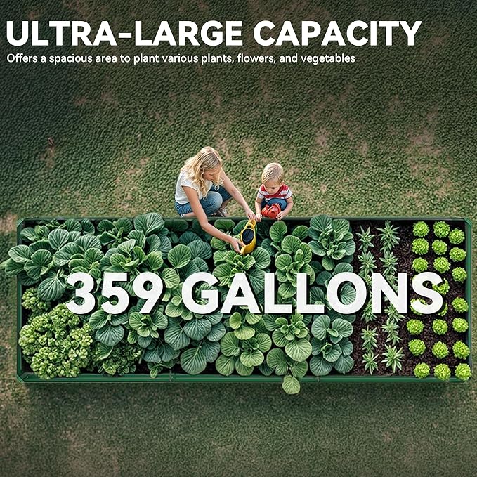 DWVO 2pcs 12 x 4 x 1 FT Raised Garden Bed Kit, Outdoor Galvanized Flower Bed with Safety Rubber and Gloves, Large Metal Planter Box for Vegetables, Flowers, Herbs, Fruits, Green