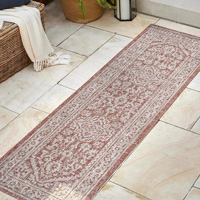 JONATHAN Y Medallion Weave Indoor Outdoor Runner Rug 2X8 Red/Taupe, Sinjuri Textured for Backyard, Patio, Porch, Easy-Cleaning, High Traffic, Pet-Friendly, Non-Shedding (SMB101A-28)